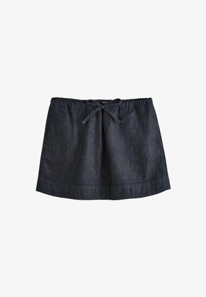 Mørkeblå denim mininederdel med elastisk talje og bindedetalje foran, med sidelommer og lige kant.