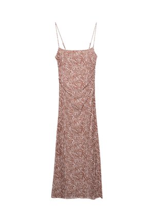 Brun maxikjole med tynde stropper, der prydes af et beige zebra mønster, letvægtsstof og en svævende silhuet.