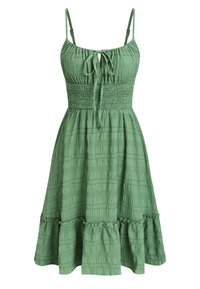 Vestito verde senza maniche con spalline regolabili, corpetto arricciato e tessuto strutturato. Presenta un orlo arruffato e un dettaglio con laccio sul davanti.