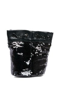 Borsa a secchiello nera con corpo ricoperto di paillettes, parte superiore in pelle liscia e dettagli intrecciati sul cordoncino. Texture e design glamour.