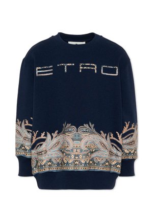 Sudadera azul marino con estampados de paisley en beige y azul claro a lo largo del dobladillo y los puños, y logo "ETRO" en el pecho.
