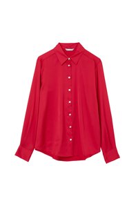 Camicia rossa a maniche lunghe realizzata in tessuto liscio, con colletto a punta e chiusura frontale con bottoni simili a perle.