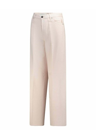 Jean droit taille haute couleur blanc cassé avec poches avant, fermeture par bouton et coutures visibles sur fond blanc.