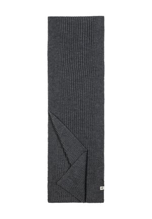 Dark gray knitted wool scarf folded at one end with a small white brand label on the lower right corner.