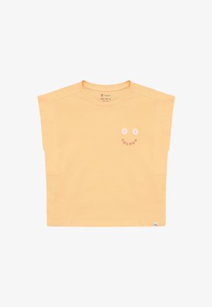 Korte mouwen geel katoenen T-shirt met een ronde hals, met een smiley design met madeliefjes en roze accenten op de borst.