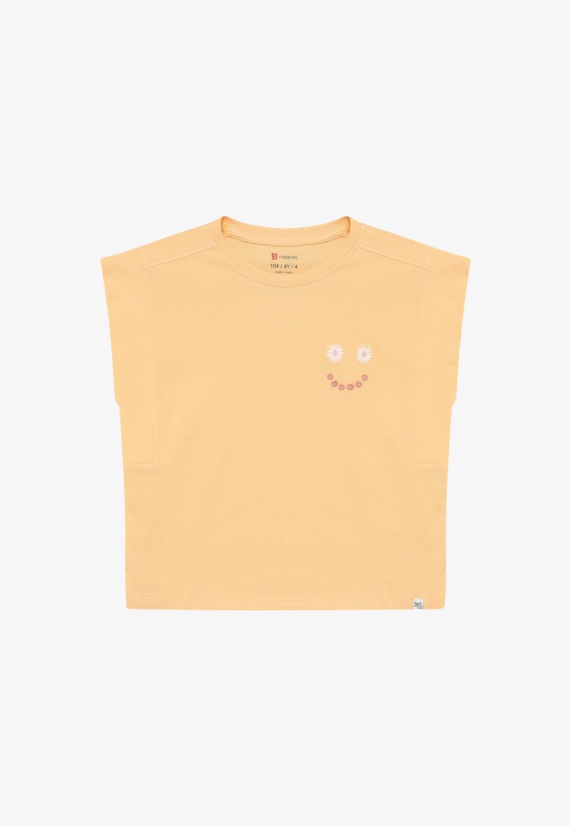 Żółta bawełniana koszulka z krótkim rękawem i okrągłym dekoltem, z nadrukiem uśmiechniętej buźki ozdobionej stokrotkami i różowymi akcentami na piersi.