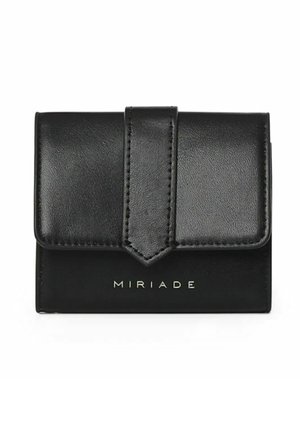 Black leather wallet with a textured finish, featuring a triangular flap closure and embossed "MIRIADA" logo in gold. Compact design.