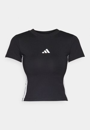 Crna uska majica s kratkim rukavima izrađena od glatkog materijala. Ima bijeli adidas logotip na prsima. Bijele pruge duž bokova.