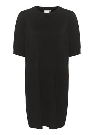 Black dress made of smooth fabric. Features short puff sleeves, a round neckline, and a relaxed fit. No visible patterns or hardware.