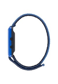 Braccialetto blu e nero con quadrante rettangolare; materiale intrecciato testurizzato; presenta due decorazioni a pulsante sui lati.