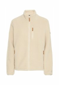 Veste en polaire couleur crème avec un col montant, fermeture éclair sur toute la longueur à l'avant et poche poitrine zippée. Présente des accents beiges sur les zips.