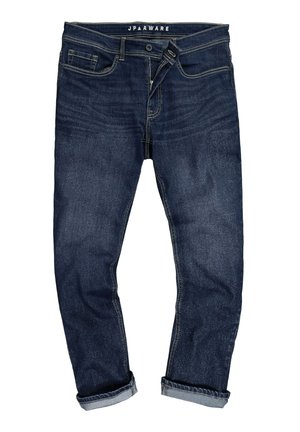 Mørkeblå denimjeans med et klassisk fem-lomme-design, der har kontrastsyninger og opsmøgede kanter. Stofbetegnelsen er glat.