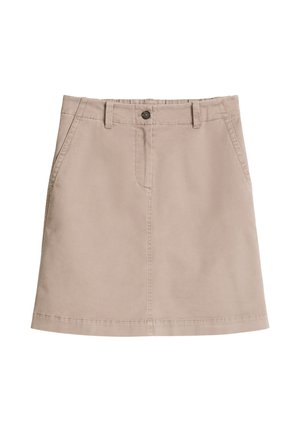 Beige knielange casual rok met riemlussen, steekzakken aan de voorkant, knoopsluiting en zichtbare stiksels in het midden en langs de randen.