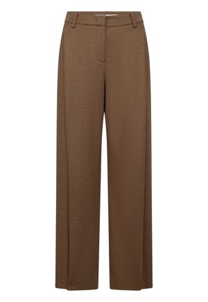 Brown high-waist wide-leg trousers with belt loops and subtle textured fabric, front zip and hook closure.