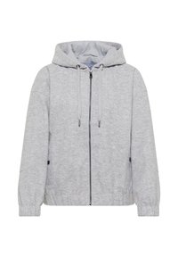 Sudadera gris con cremallera y capucha, que cuenta con detalles de cordones, bolsillos laterales y puños de canalé. Fabricada con un tejido suave y texturizado.