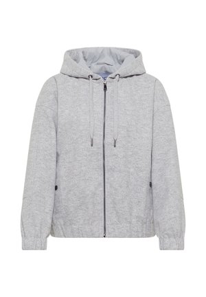 Grijze rits-hoodie met een capuchon, voorzien van trekkoordaccenten, zijzakken en geribde manchetten. Gemaakt van zachte, textuurstof.