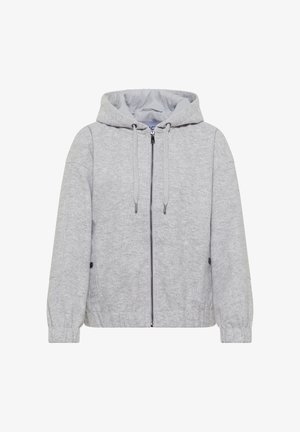 Grauer Zip-Hoodie mit Kapuze, ausgestattet mit Zugbandakzenten, seitlichen Taschen und gerippten Bündchen. Hergestellt aus weichem, strukturiertem Stoff.