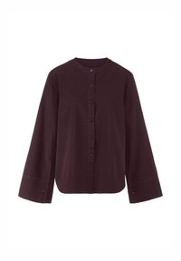 Maglietta a maniche lunghe bordeaux con colletto tondo e chiusura a bottoni. Presenta maniche larghe, dettagli di cucitura sottili e una vestibilità rilassata.