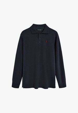 Marineblaues Langarm-Polohemd aus Baumwollmischung, mit Kragen, dreiknöpfiger Knopfleiste und roter Logo-Stickerei auf der linken Brust.