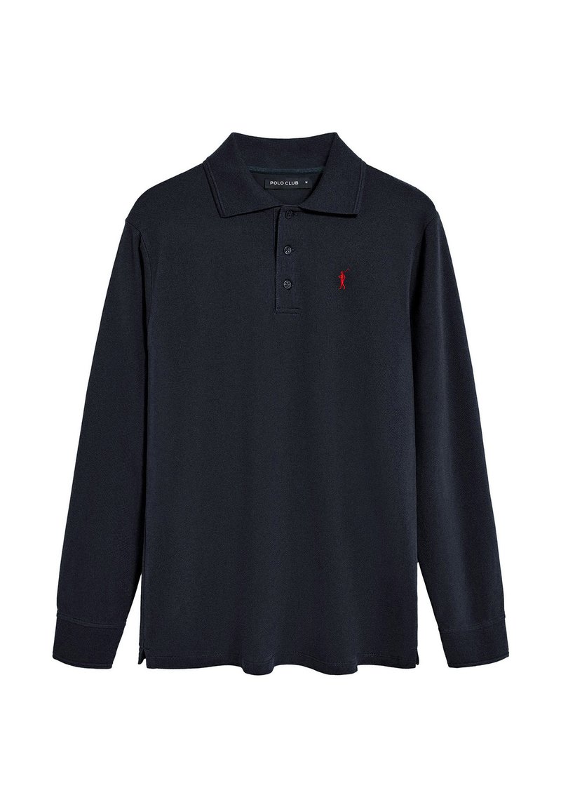 Marineblauwe longsleeve polohemd van katoenmix, met een kraag, een drie-knopen knoopsluiting en rode logo borduursel op de linkerkant van de borst.