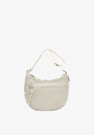 Beige schoudertas van textuurstof met voorvak, verstelbare riem, zilveren ritsen en een kleine metalen karabijnhaak bevestigd aan het vak.