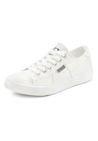 White canvas sneaker with rubber sole, round toe, lace-up design, and side logo detail. Textured upper and smooth outsole.