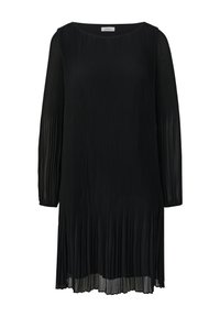 Robe longue noire plissée à manches longues avec col rond et poignets élastiques, longueur genoux avec panneau inférieur transparent.