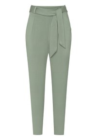 Pantaloni verde chiaro a vita alta con cintura annodata, frontale plissettato e gambe affusolate. Tessuto morbido e finitura liscia, adatti a vari stili.