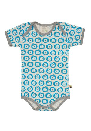 Body neonato a maniche corte in morbido cotone con uno sfondo crema chiaro decorato da motivi di teste di leone blu e rifiniture grigie.