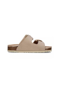 Sandalo scivoloso beige con doppie cinghie, caratterizzato da sezioni ritagliate, suola in sughero testurizzata e una leggera suola in gomma per il comfort.