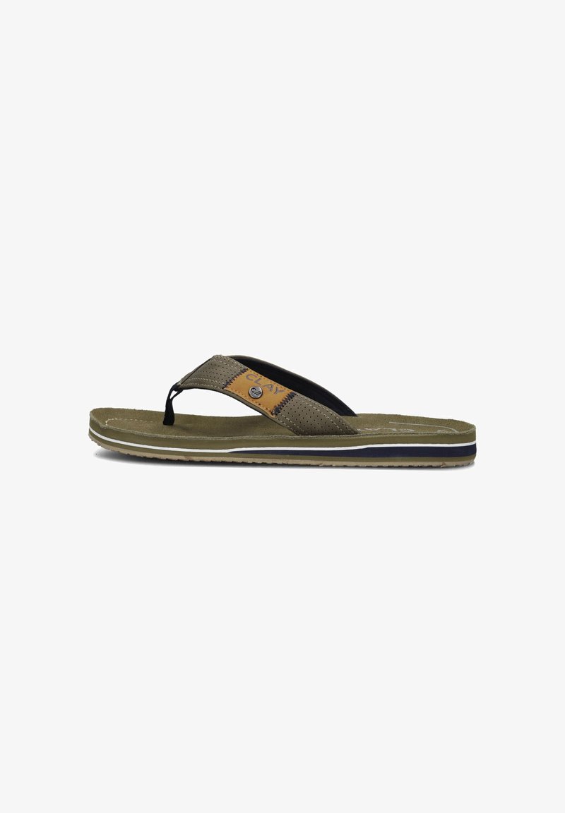 Groene flip-flop sandalen met een gestructureerde band, voorzien van een bruin leren accent en een patroon op de voetbed. Rubberen zool met witte stripedetail.