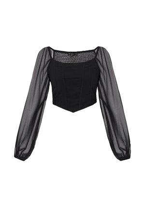Top corto nero aderente con maniche lunghe a sbuffo trasparenti e scollo quadrato.