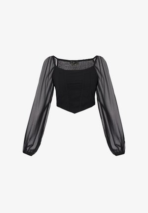 Czarny dopasowany krótki top z przezroczystymi, długimi, bufkami i kwadratowym dekoltem.