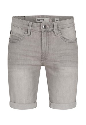 Light gray denim shorts with rolled cuffs, front button closure, belt loops, and front pockets, labeled medium size by Indicode.