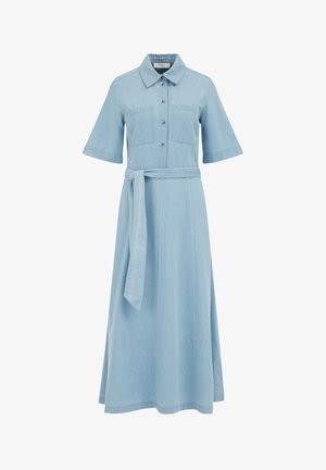 Helles blaues Jeanshemdkleid mit kurzen Ärmeln, Knopfleiste, zwei Brusttaschen und passendem Taillengürtel, das eine lange A-Linien-Silhouette aufweist.