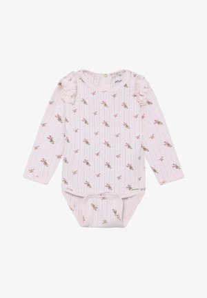 Body bébé à manches longues en tissu côtelé doux rose pâle avec un motif floral, accents à volants aux épaules, et fermeture pressionnée au bas.