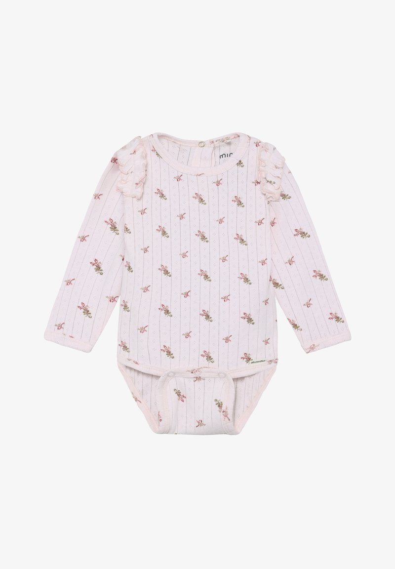 Langærmet babybodiesuit i blødt, lyst rosa ribstof med blomstermønster, flæseaccenter på skuldrene og trykknaplukning i bunden.