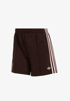Pantalones cortos deportivos negros con diseño de tres franjas rosas en los laterales. Cuenta con una cintura elástica y un bolsillo lateral con cremallera. Tejido de textura suave.
