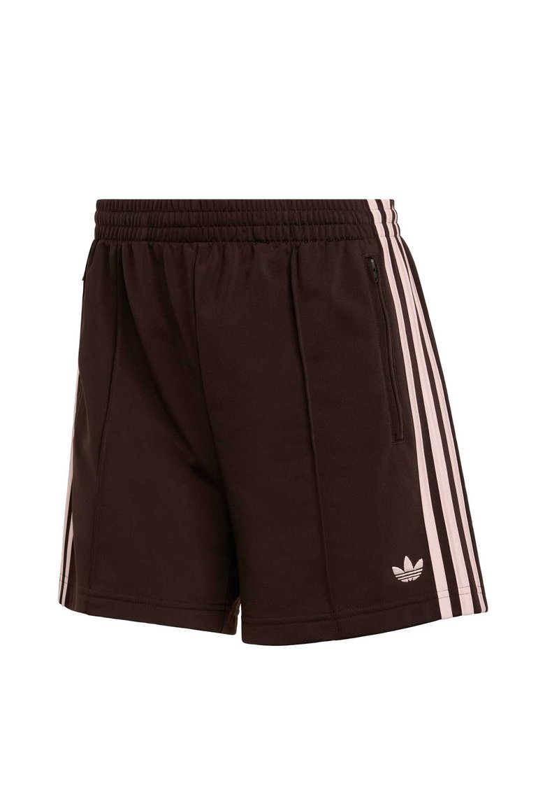 Black athletic shorts with pink three-stripe design on sides. Features an elastic waistband and a side zipper pocket. Soft fabric texture.