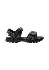 Schwarze Sandalen mit einem strukturierten, gemusterten Obermaterial, verstellbaren Riemen, einer gepolsterten Innensohle und einer robusten Gummisohle für guten Halt.