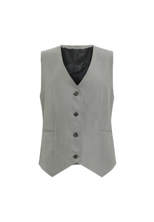 Chaleco gris hecho de una tela suave con escote en V, cinco botones negros y dos bolsillos delanteros. Forrado con material negro.