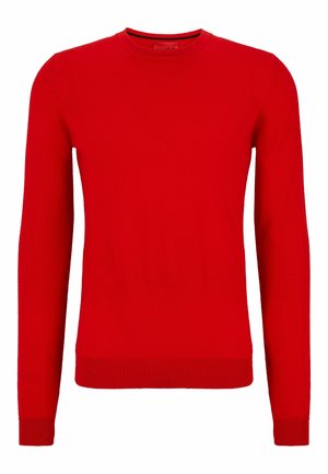 Rød langærmet crewneck-trøje med ribstrikkede manchetter og kant, vist mod en hvid baggrund.