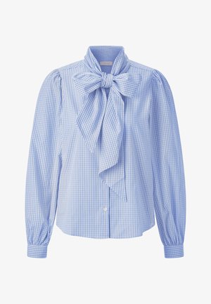 Blue and white gingham blouse featuring a bow tie at the collar, puffed long sleeves, and button closure at the front.