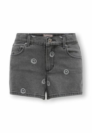 Mørkegrå denimshorts med knapp- og glidelåslukking, fremre lommer og små hvite smiley-ansiktsmotiver spredt over stoffet.