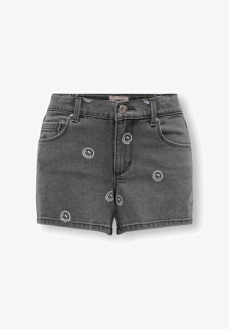 Shorts en jean gris foncé avec fermeture à bouton et zip, poches avant, et petits motifs de visages souriants blancs dispersés sur le tissu.