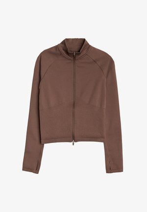 Veste courte marron à manches longues avec fermeture éclair intégrale à l'avant, col montant et passe-pouces aux poignets, posée à plat sur un fond blanc.