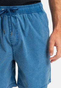 Pantaloni scurți de înot albaștri, realizați dintr-un material ușor, cu un brâu elastic, șnur de ajustare și o textură netedă, având o tăietură confortabilă.