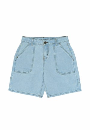 Lyseblå denimshorts med forsiden knap, lynlås, bæltestropper og store forlommer med lap.