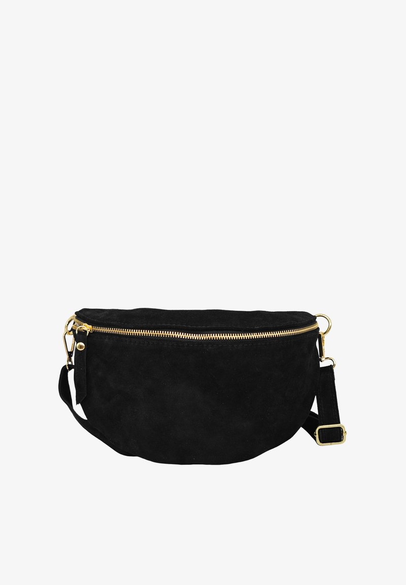 Sac à bandoulière en daim noir, de forme arrondie, avec une fermeture éclair dorée, une sangle réglable et un design minimaliste. Il présente une texture douce.