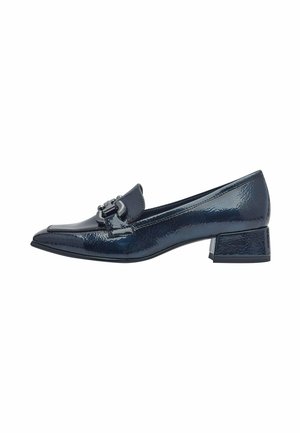 Navy patent leather pump with pointed toe, low block heel, and decorative buckle detail on the vamp. Smooth, glossy texture.